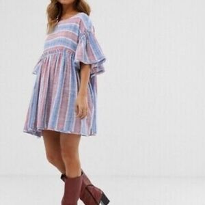 Free People Summer Nights Coastal Striped Tunic Mini Swing Dress Festival Boho M